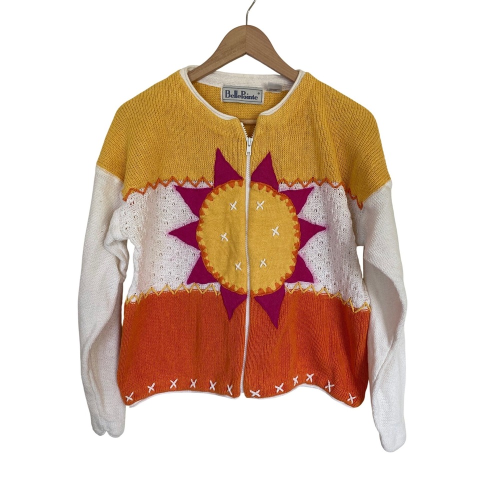 Vintage BellePointe Sunburst‎ Zip Cardigan Sweater XL Yellow Orange White Ramie